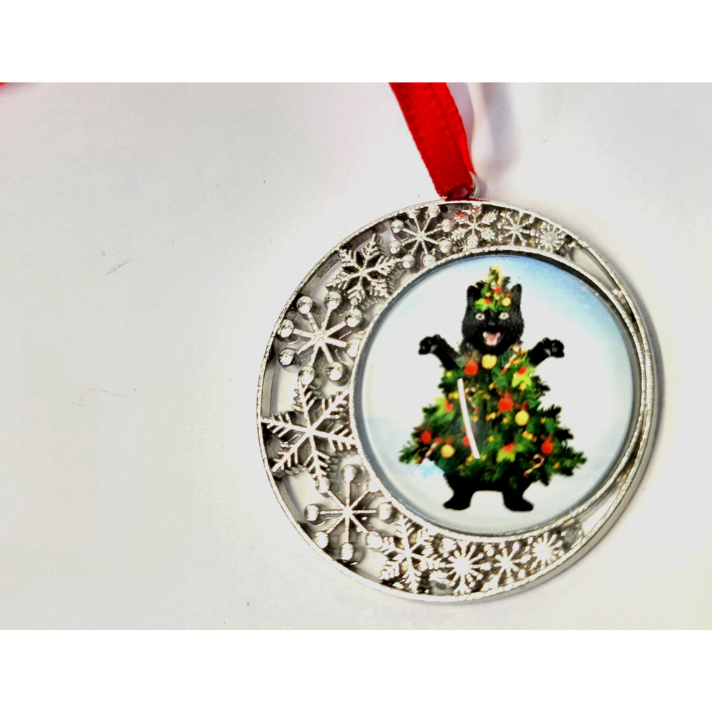 Black Cat Christmas Tree‎ Snowflake Metal Ornament Red Ribbon Holiday Decor Cute